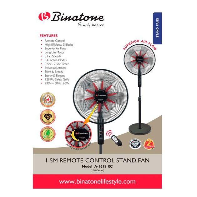 Ventilateur sur pied Binatone A-1612RC – 16 pouces avec télécommande